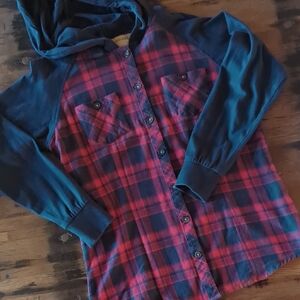 Rustic Ridge Red & Navy Plaid Hooded Button-Down Flannel Shirt Size Large